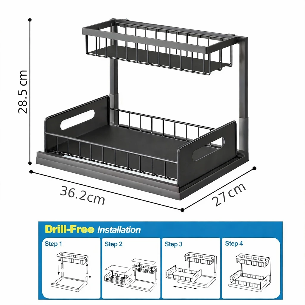 4en1 Organisateur sous évier coulissant 2 niveaux robuste INOX cuisine salle de bain BNBR-2
