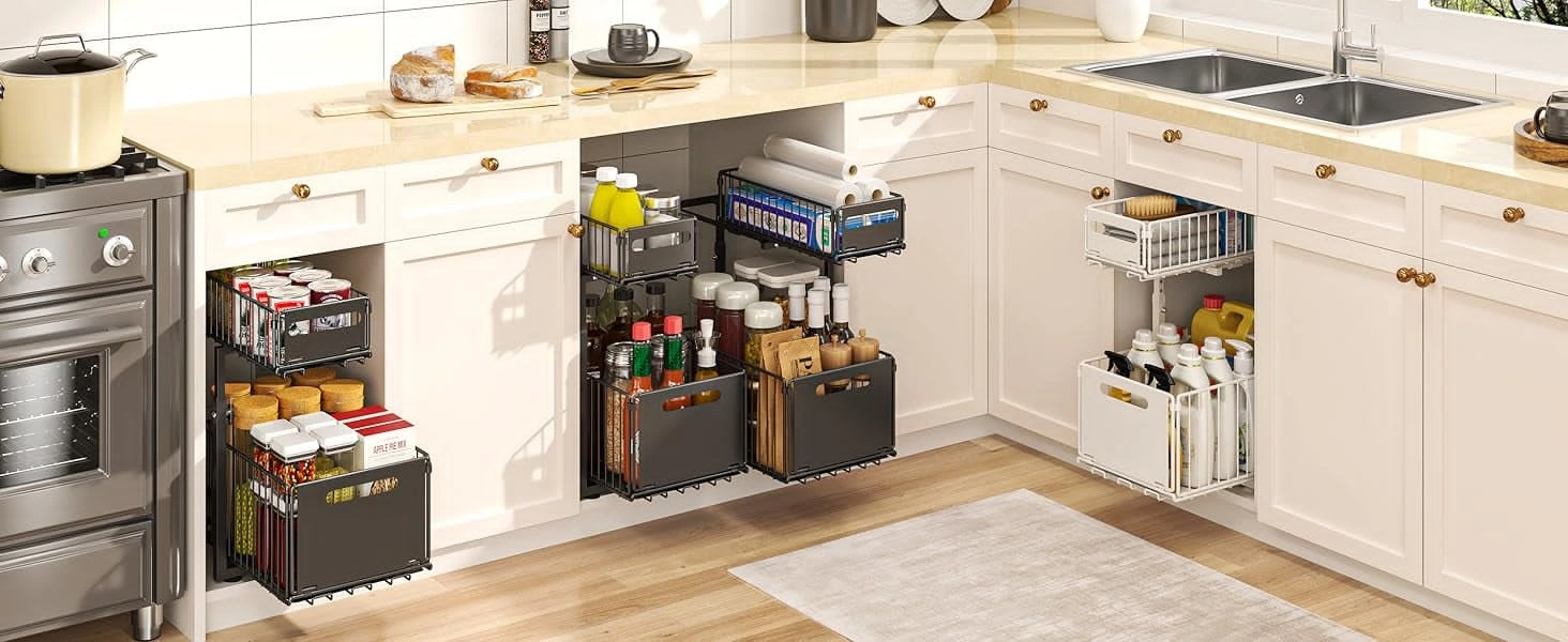 5en1 Multifonction Organisateur Coulissant INOX pliable Sous Évier 2 Niveaux – Cuisine Salle de Bain BNBR-1