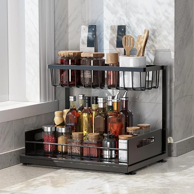 BNBR-2 - 4en1 Organisateur sous évier coulissant 2 niveaux robuste INOX cuisine salle de bain
