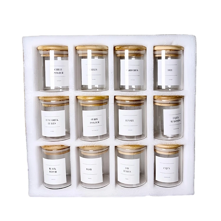 BNBR-19 - Lot de 12 pots à épices en verre avec couvercles bambou hermétiques
