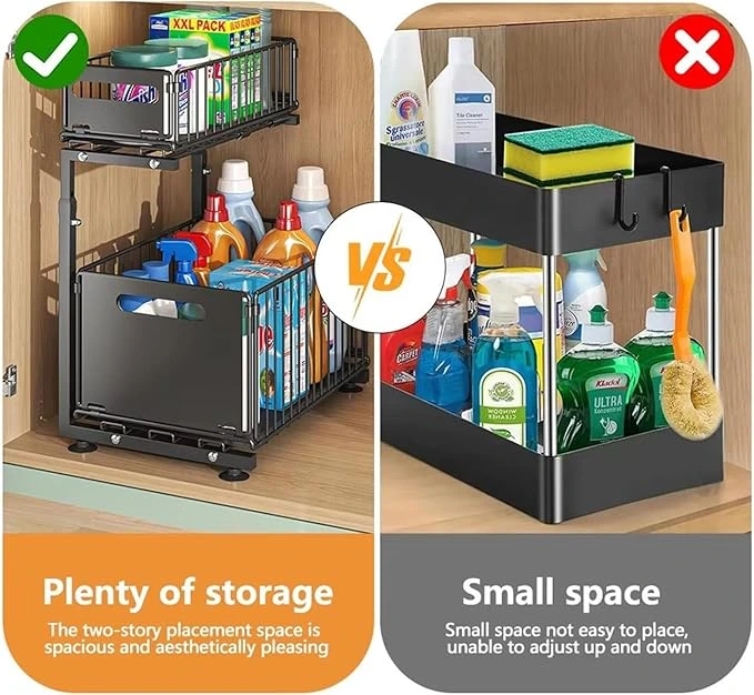 BNBR-1 - 5en1 Multifonction Organisateur Coulissant INOX pliable Sous Évier 2 Niveaux –  Cuisine Salle de Bain