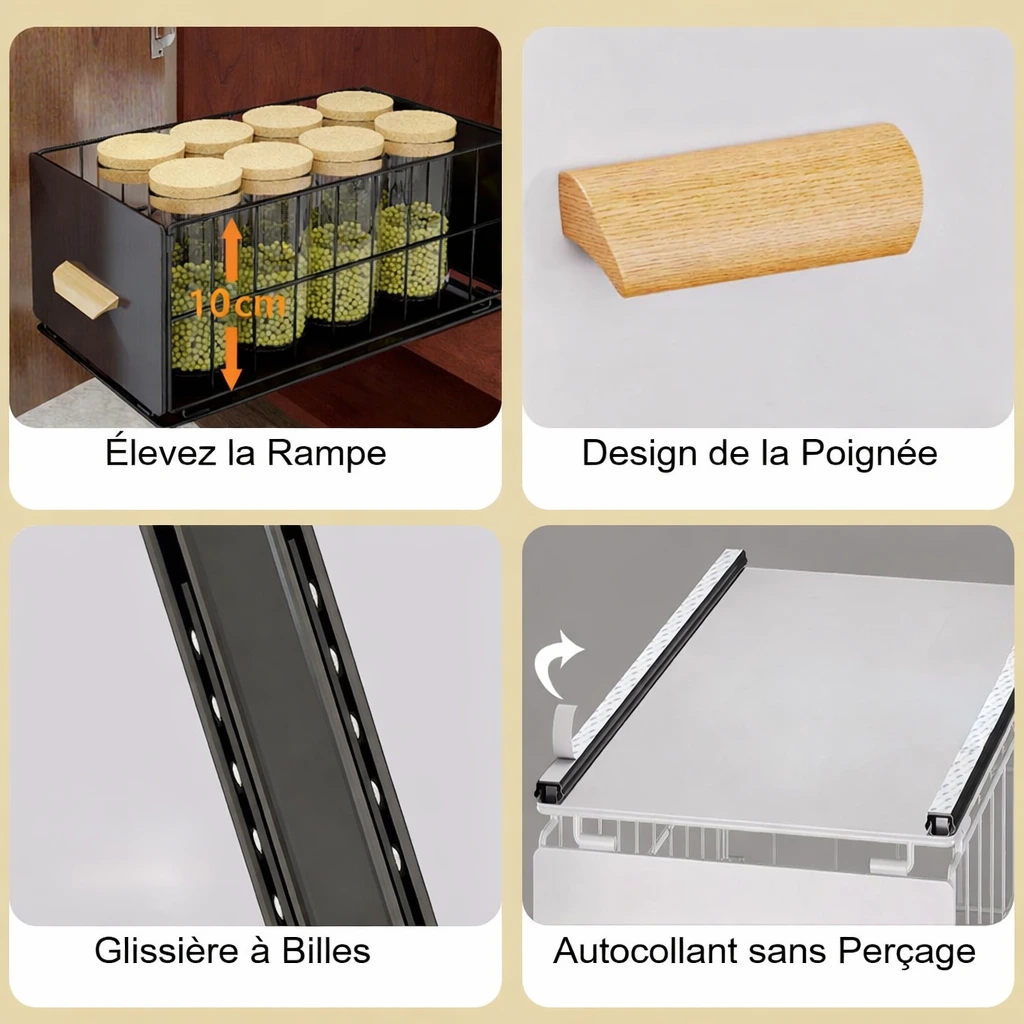 BNBR-18 - 4en1 Organisateur Coulissant en INOX avec Poignée en Bambou pliable