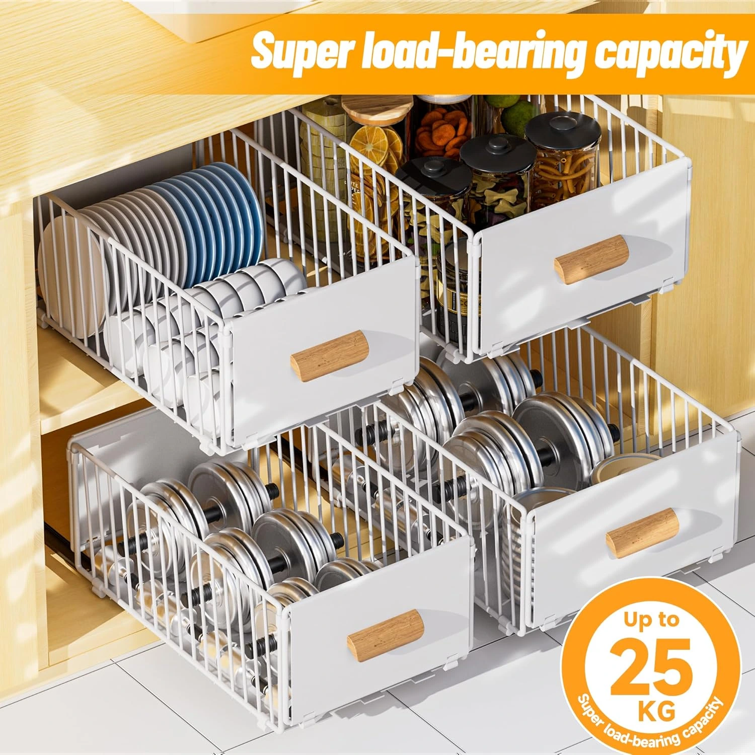 BNBR-18 - 4en1 Organisateur Coulissant en INOX avec Poignée en Bambou pliable