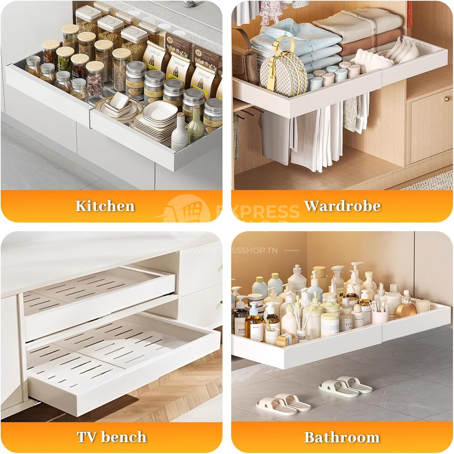 BNBR-14 - 3en1 Etagere coulissant extensible ajustable en INOX , rangement cuisine