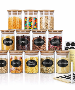 Lot de 12 pots à épices en verre avec couvercles bambou hermétiques BNBR-19