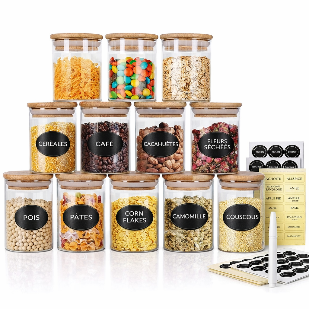 Lot de 12 pots à épices en verre avec couvercles bambou hermétiques BNBR-19 Lot de 12 pots à épices en verre avec couvercles bambou hermétiques BNBR-19