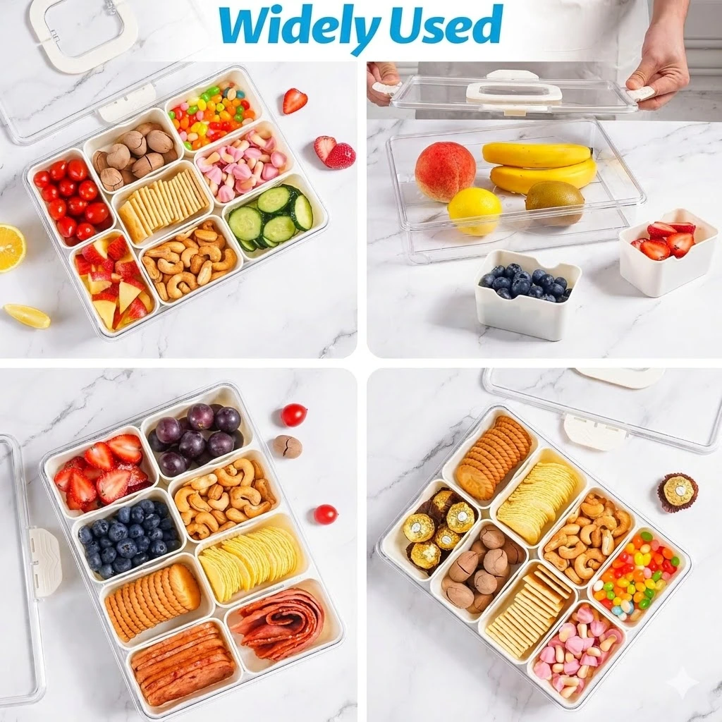 8en1 Plateau de Service à 8 Compartiments avec Couvercle – Boîte Multifonction pour Snacks, Fruits et Apéritifs