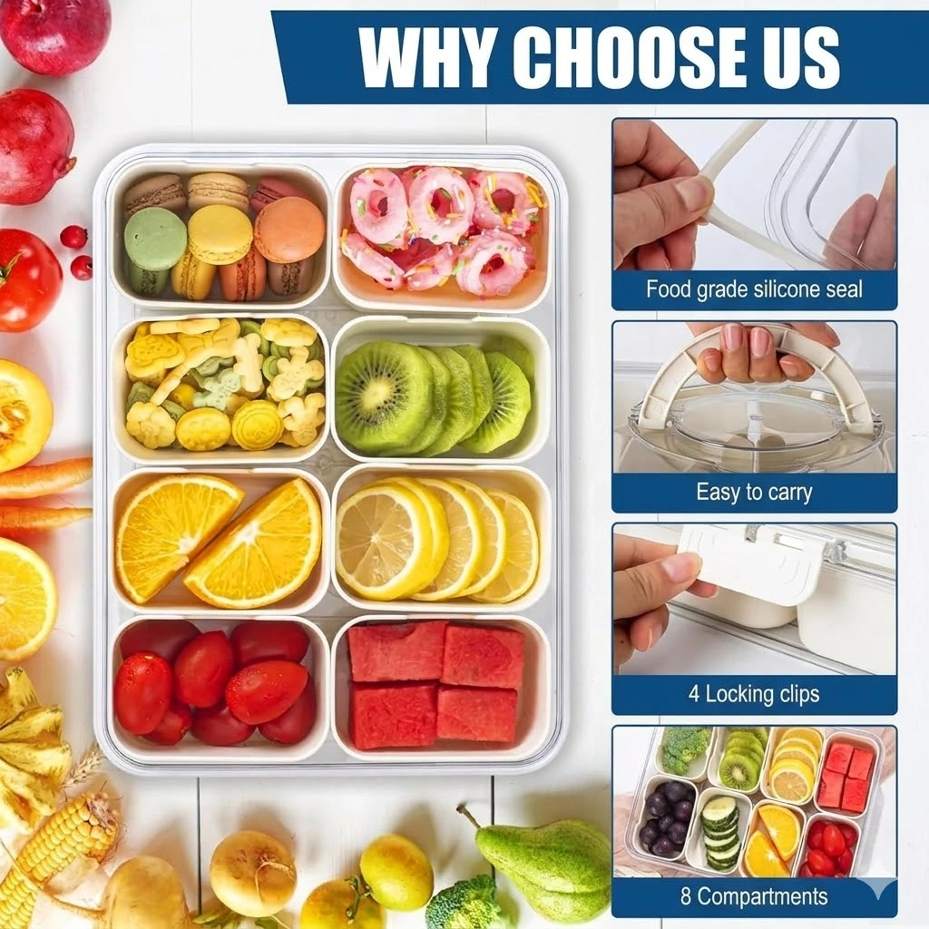 8en1 Plateau de Service à 8 Compartiments avec Couvercle – Boîte Multifonction pour Snacks, Fruits et Apéritifs