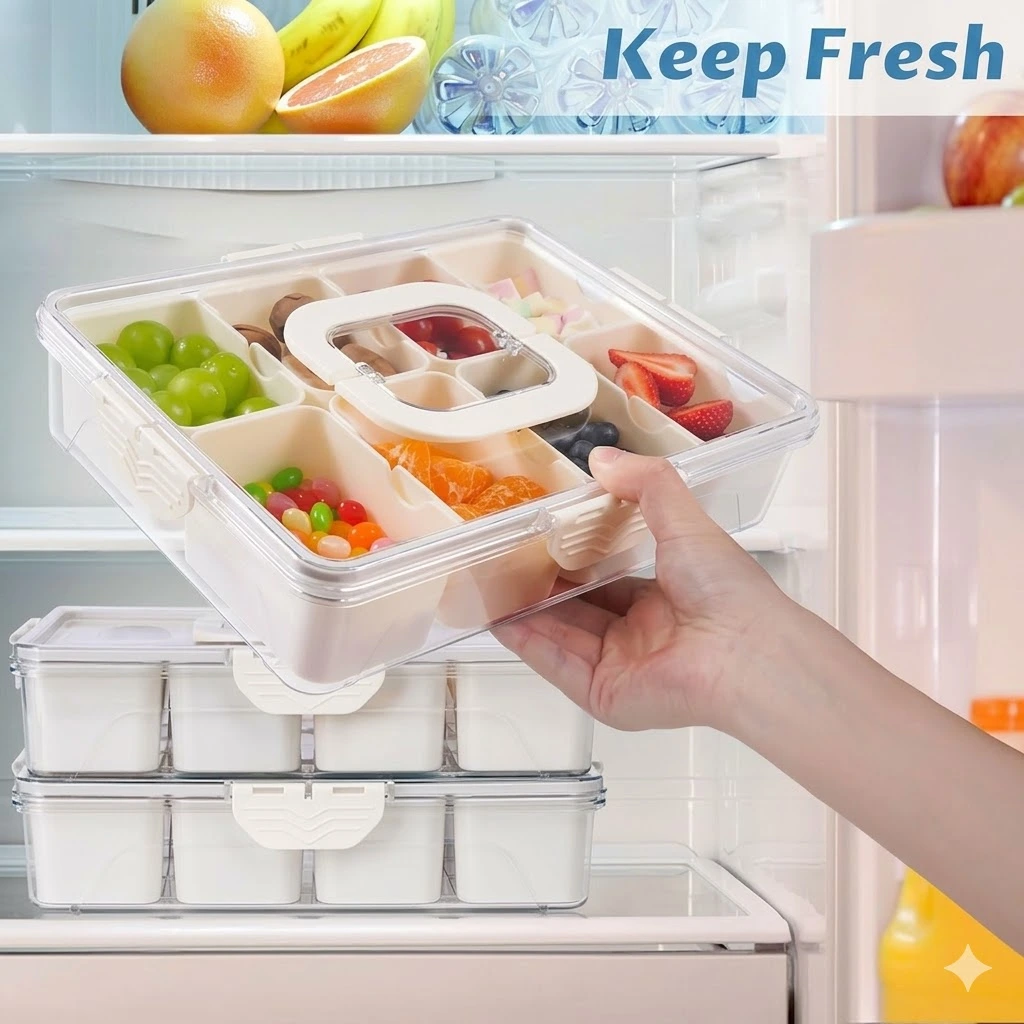 8en1 Plateau de Service à 8 Compartiments avec Couvercle – Boîte Multifonction pour Snacks, Fruits et Apéritifs