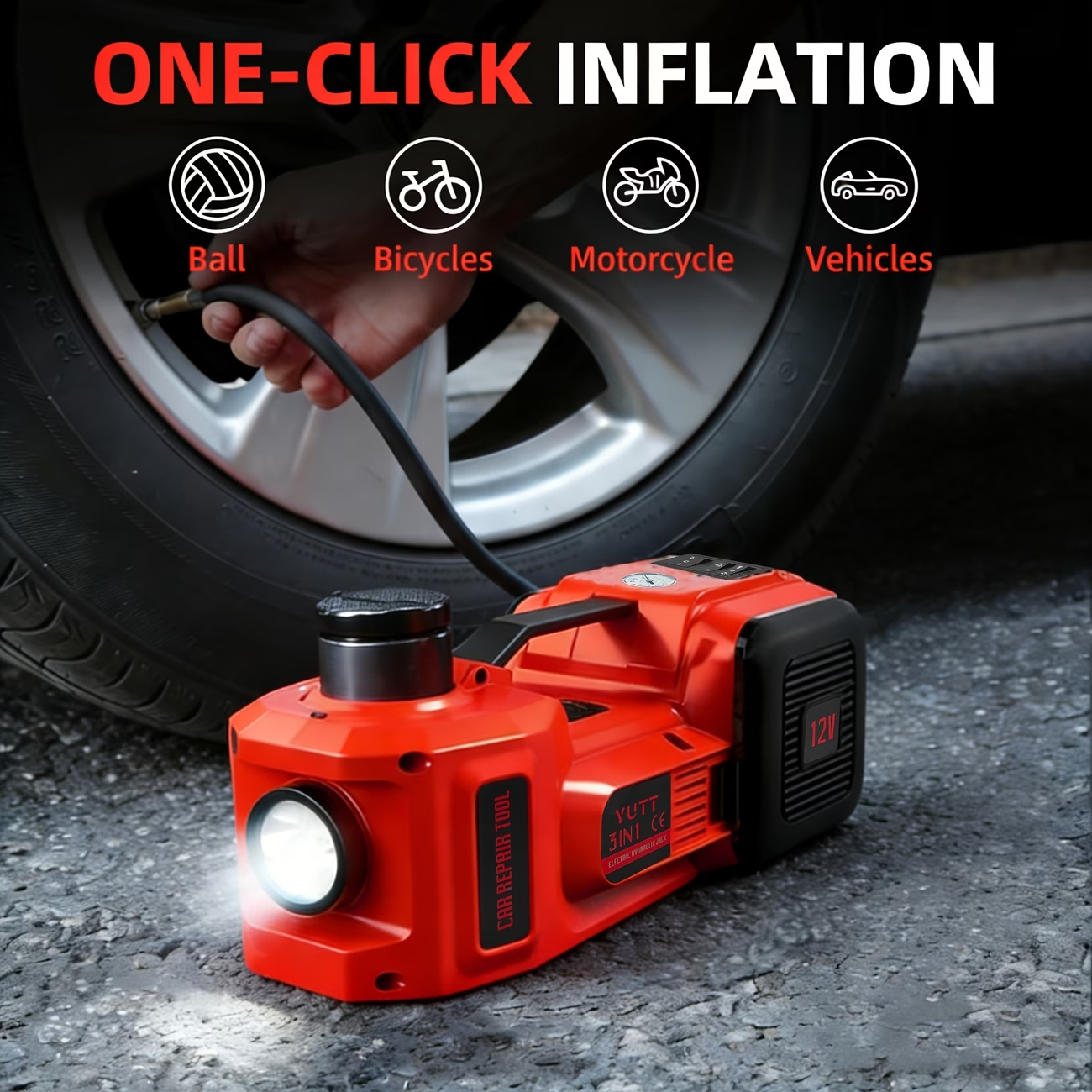 8en1 Cric Hydraulique Électrique 5T, Cric électrique Voiture 12V avec Pompe Gonflable et lumière LED