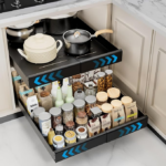 BNBR-14 - 3en1 Etagere coulissant extensible ajustable acier inoxydable rangement cuisine (2 niveaux)