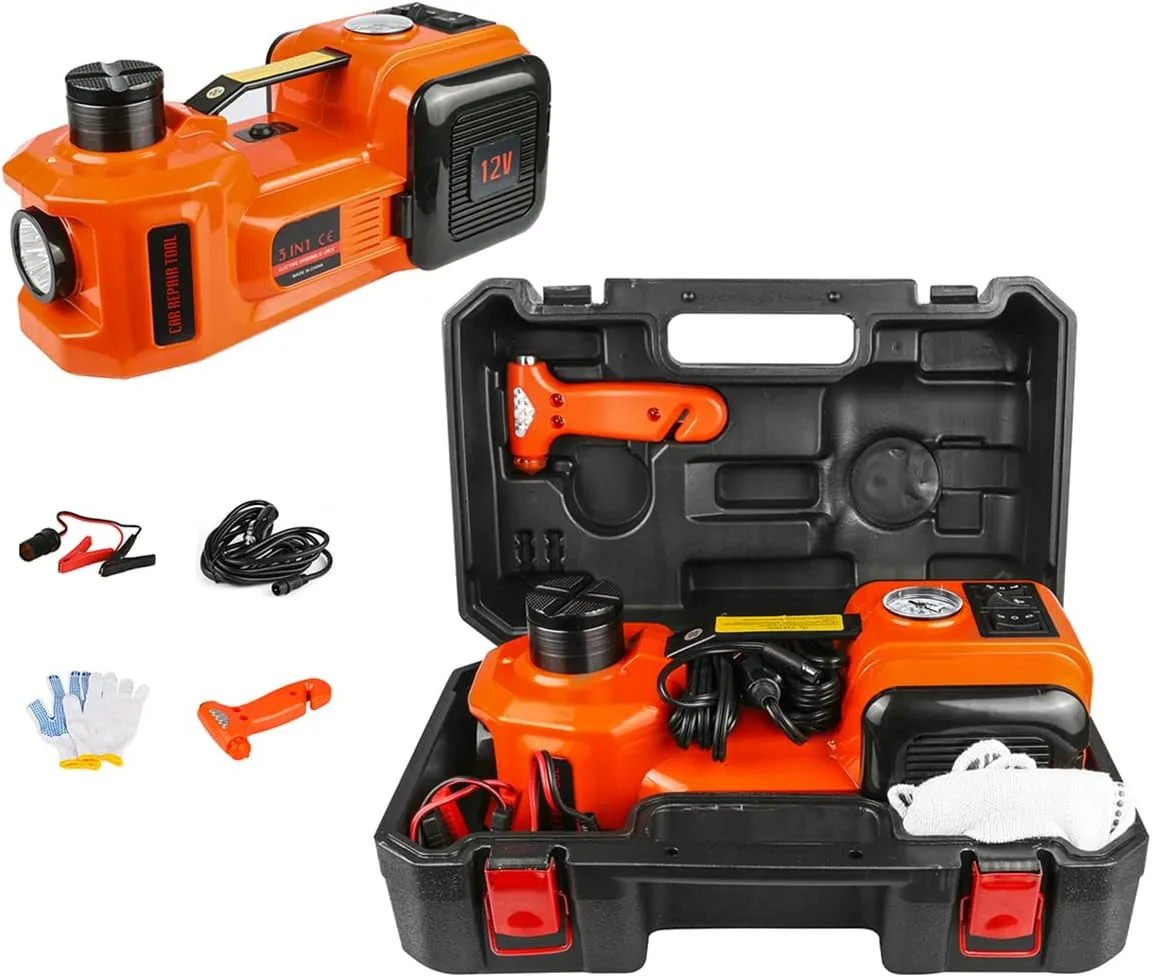 8en1 Cric Hydraulique Électrique 5T, Cric électrique Voiture 12V avec Pompe Gonflable et lumière LED