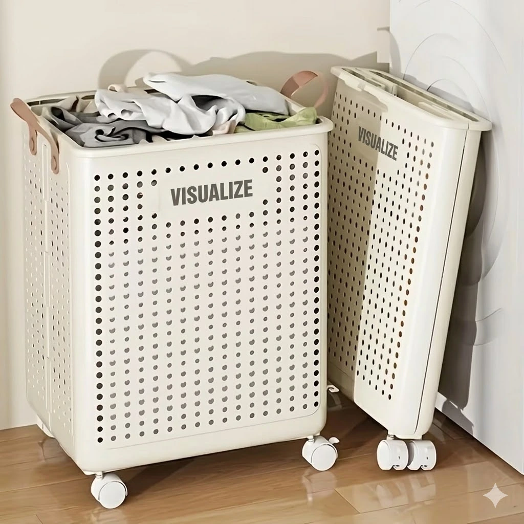 4en1 Panier à linge pliable 42L grand et robuste avec roulettes - Bac de rangement Multifonction