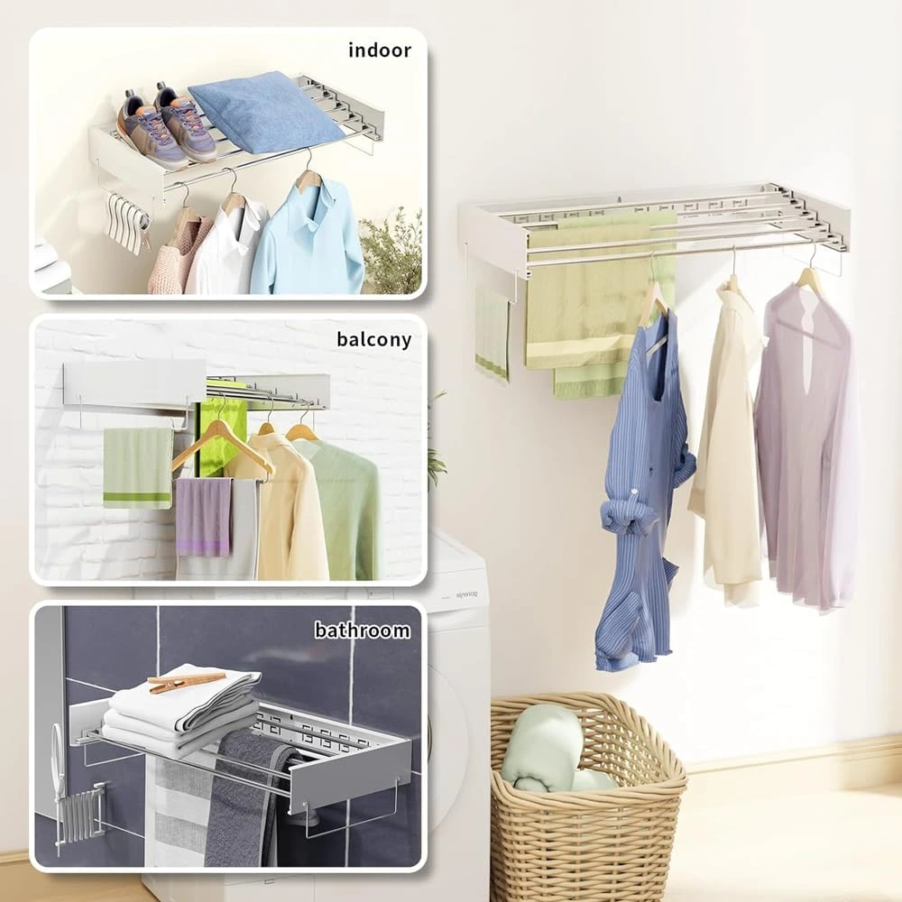 7en1 Etendoir à linge mural pliable et extensible en INOX compact pour appartement et balcon