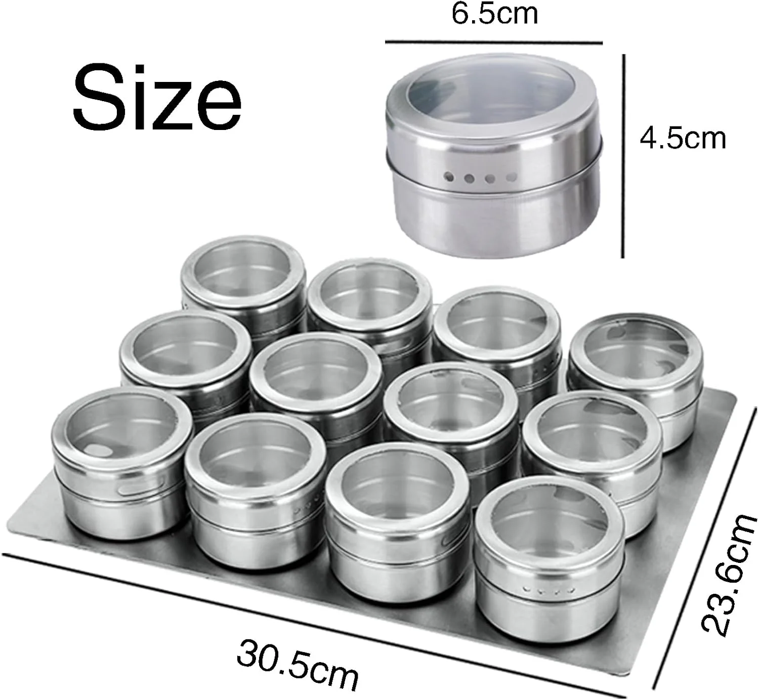 Lot de 12 pots à épices magnétiques en INOX avec couvercles et châssis
