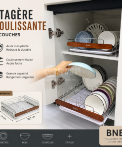 BNBR-11- 4en1 Étagère de rangement coulissante acier inoxydable panier support vaisselle (2 couches)