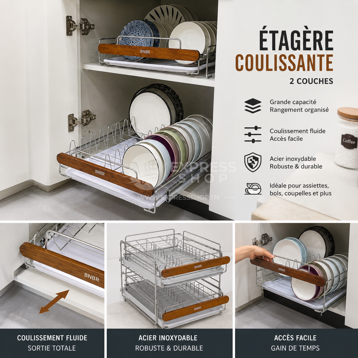 BNBR-11- 4en1 Étagère de rangement coulissante acier inoxydable panier support vaisselle (2 couches)