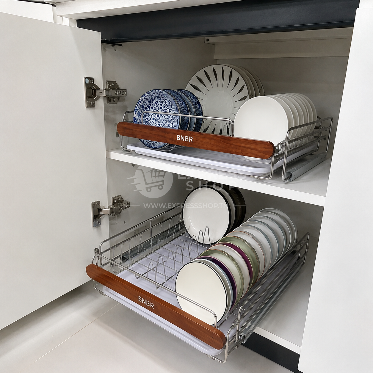 BNBR-11- 4en1 Étagère de rangement coulissante acier inoxydable panier support vaisselle (2 couches)