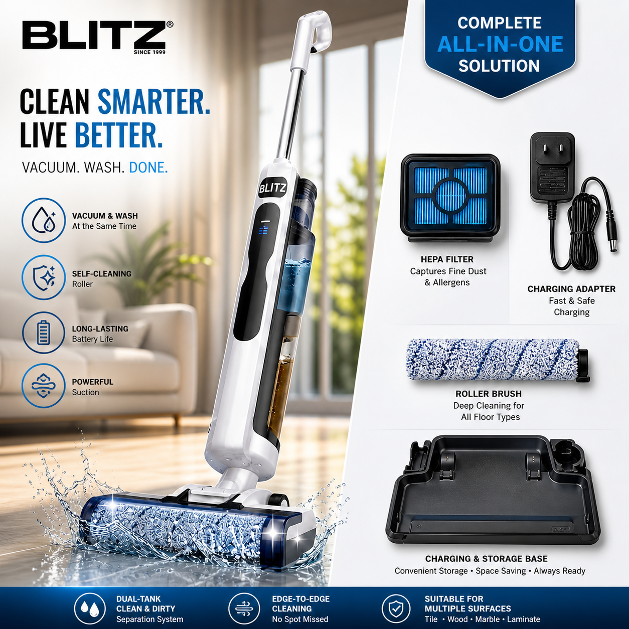 Blitz® 4en1 Aspirateur Intelligent Automatique Sans Fil Robot Laveur Sol Professionnel Puissant, Léger, Silencieux