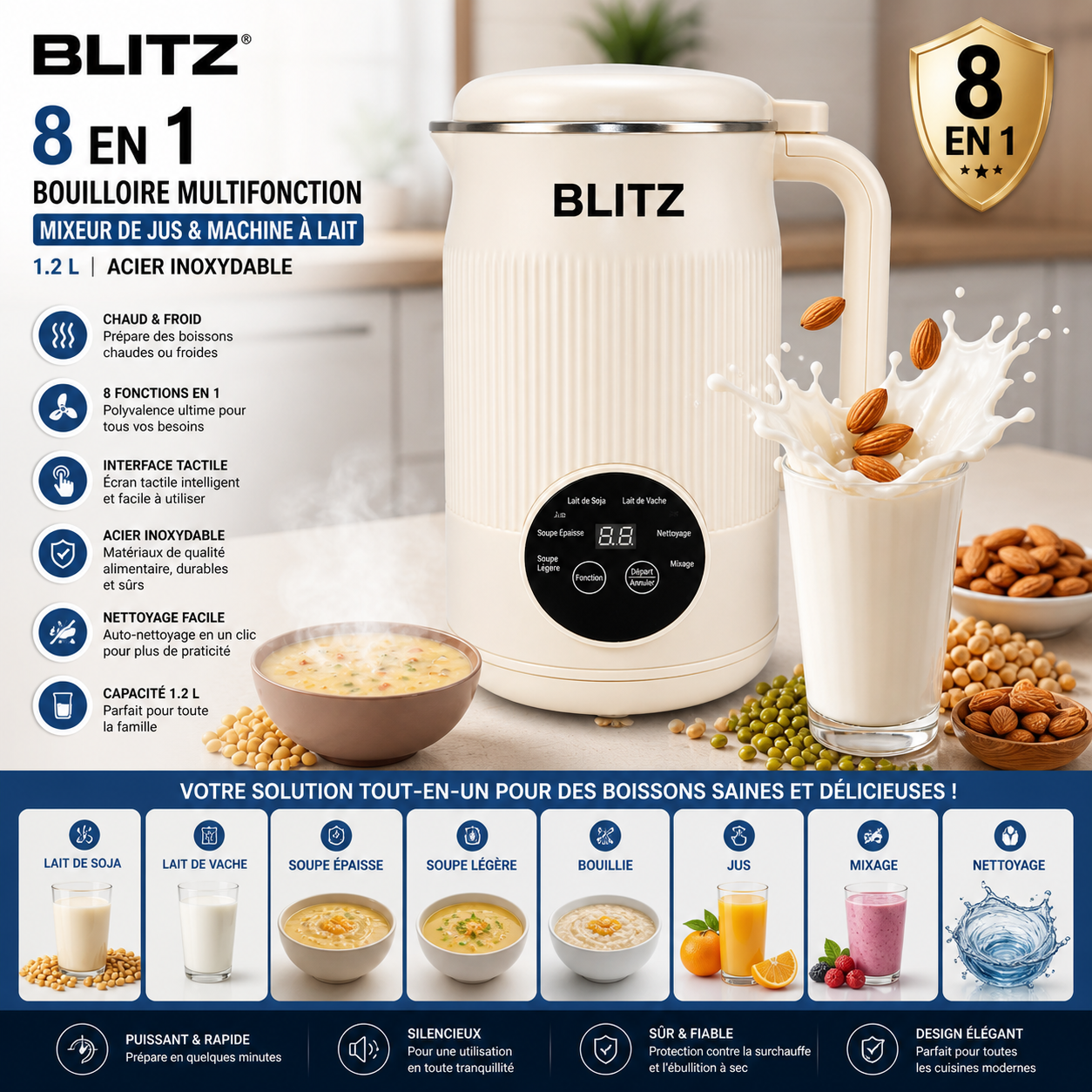 Blitz® - 8en1 Bouilloire Multifonction Jus et machine à Lait 1.2 L en Acier Inoxydable avec Interface Tactile