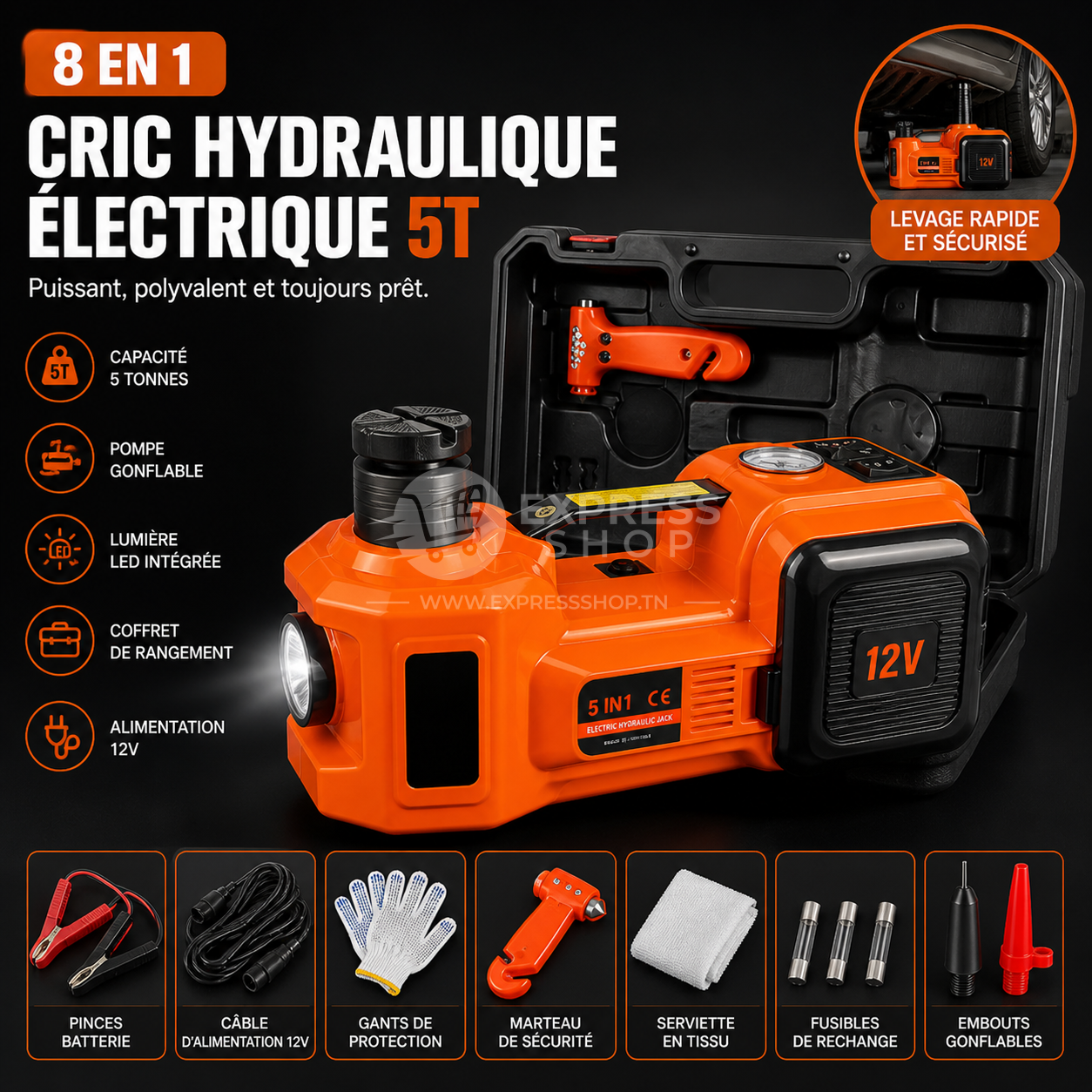 8en1 Cric Hydraulique Électrique 5T, Cric électrique Voiture 12V avec Pompe Gonflable et lumière LED