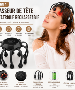 5en1 Masseur de tête électrique Rechargeable poulpe avec 10 nœuds  pour relaxation profonde et anti stress