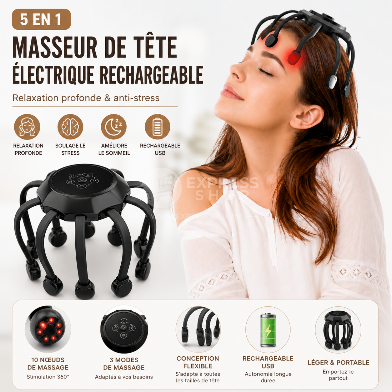 5en1 Masseur de tête électrique Rechargeable poulpe avec 10 nœuds  pour relaxation profonde et anti stress