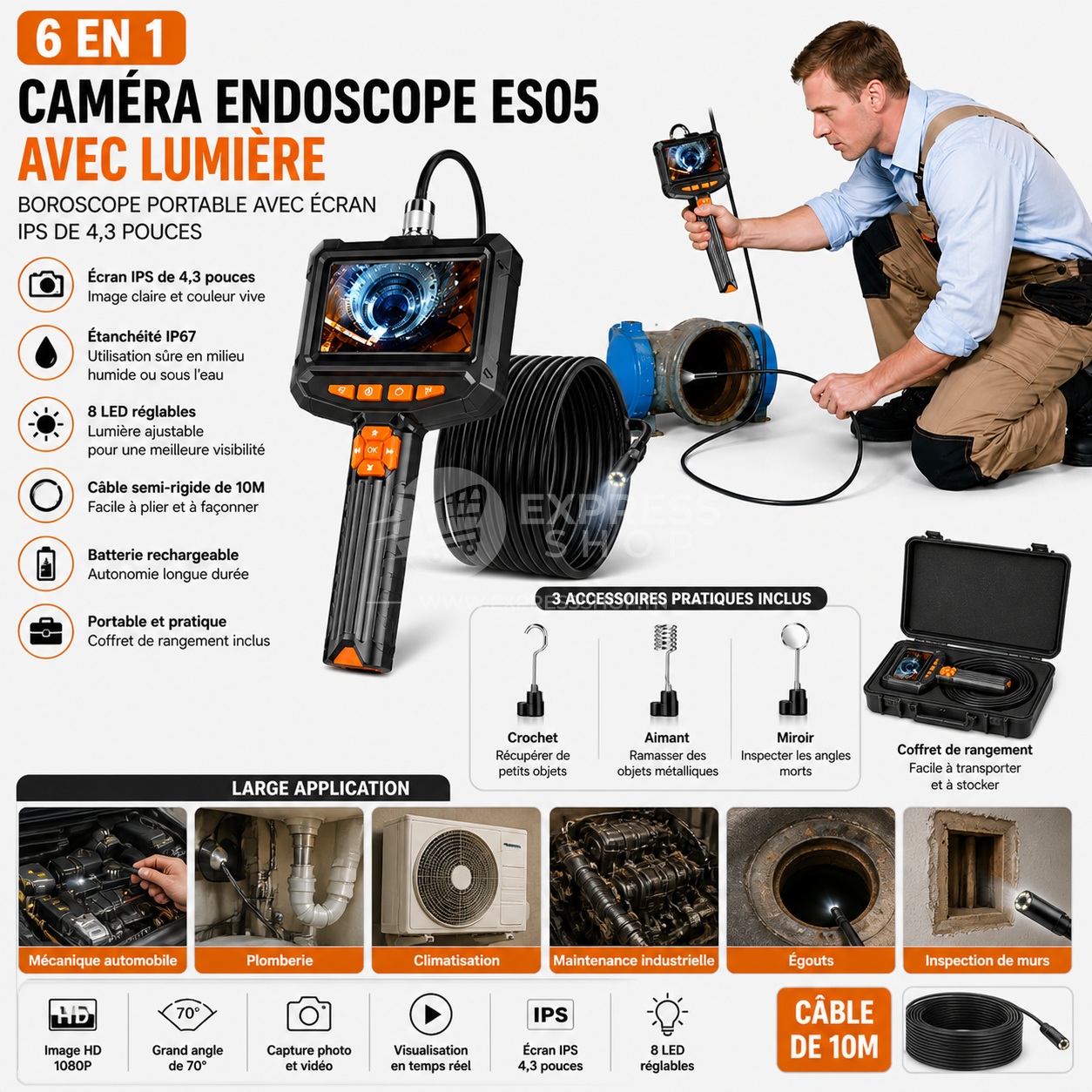 6en1 Caméra Endoscope ES05 avec Lumière, boroscope portable avec écran IPS de 4,3 pouces