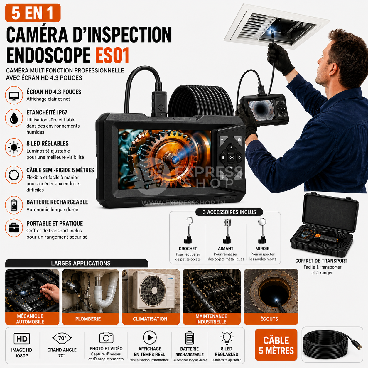 5en1 Caméra Inspection Endoscope ES01 Professionnelle avec écran HD 4.3 pouces