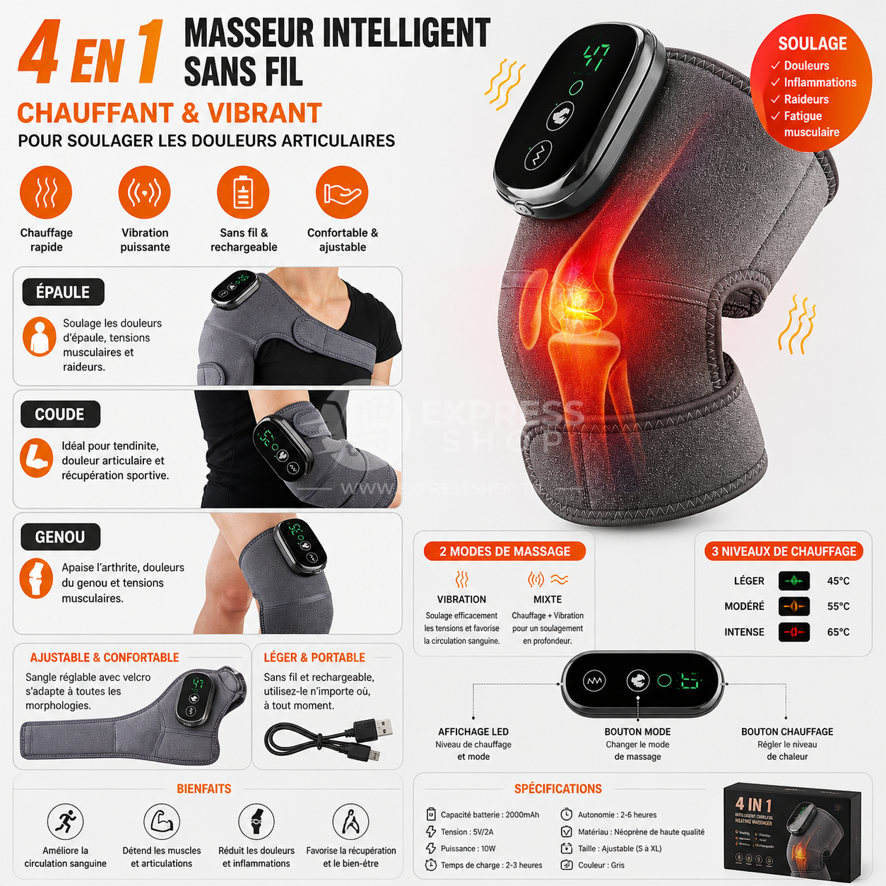 4en1 Masseur Intelligent Sans Fil  – Chauffant & Vibrant pour Soulager les Douleurs Articulaires
