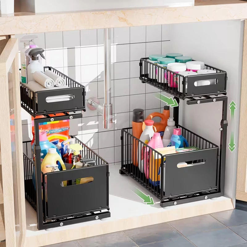 BNBR-1 - 5en1 Multifonction Organisateur Coulissant acier inoxydable pliable Sous Évier 2 Niveaux