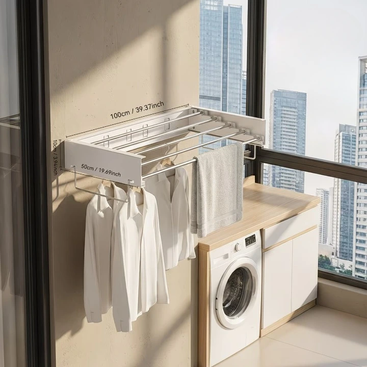 7en1 Etendoir à linge mural pliable et extensible en INOX compact pour appartement et balcon