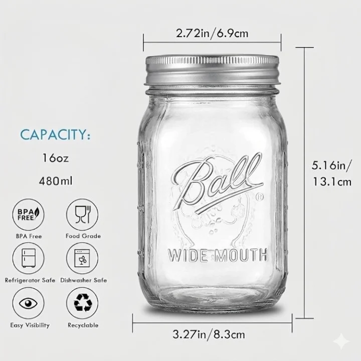 12 Boîte De Stockage Mason Jar En Verre Hermétique 480 ml Multifonction Haute Qualité