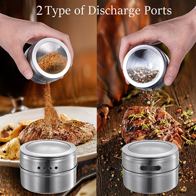 Lot de 12 pots à épices magnétiques en INOX avec couvercles et châssis