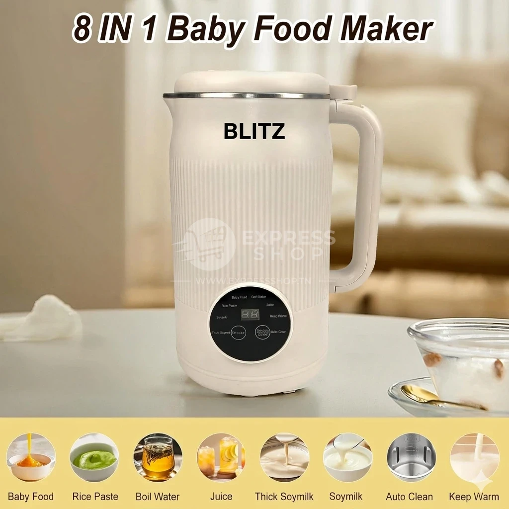 Blitz® - 8en1 Bouilloire Multifonction Jus et machine à Lait 1.2 L en Acier Inoxydable avec Interface Tactile