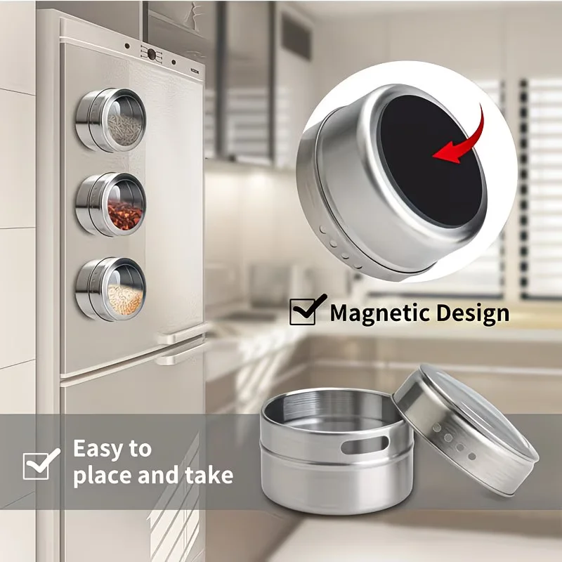 Lot de 12 pots à épices magnétiques en INOX avec couvercles et châssis