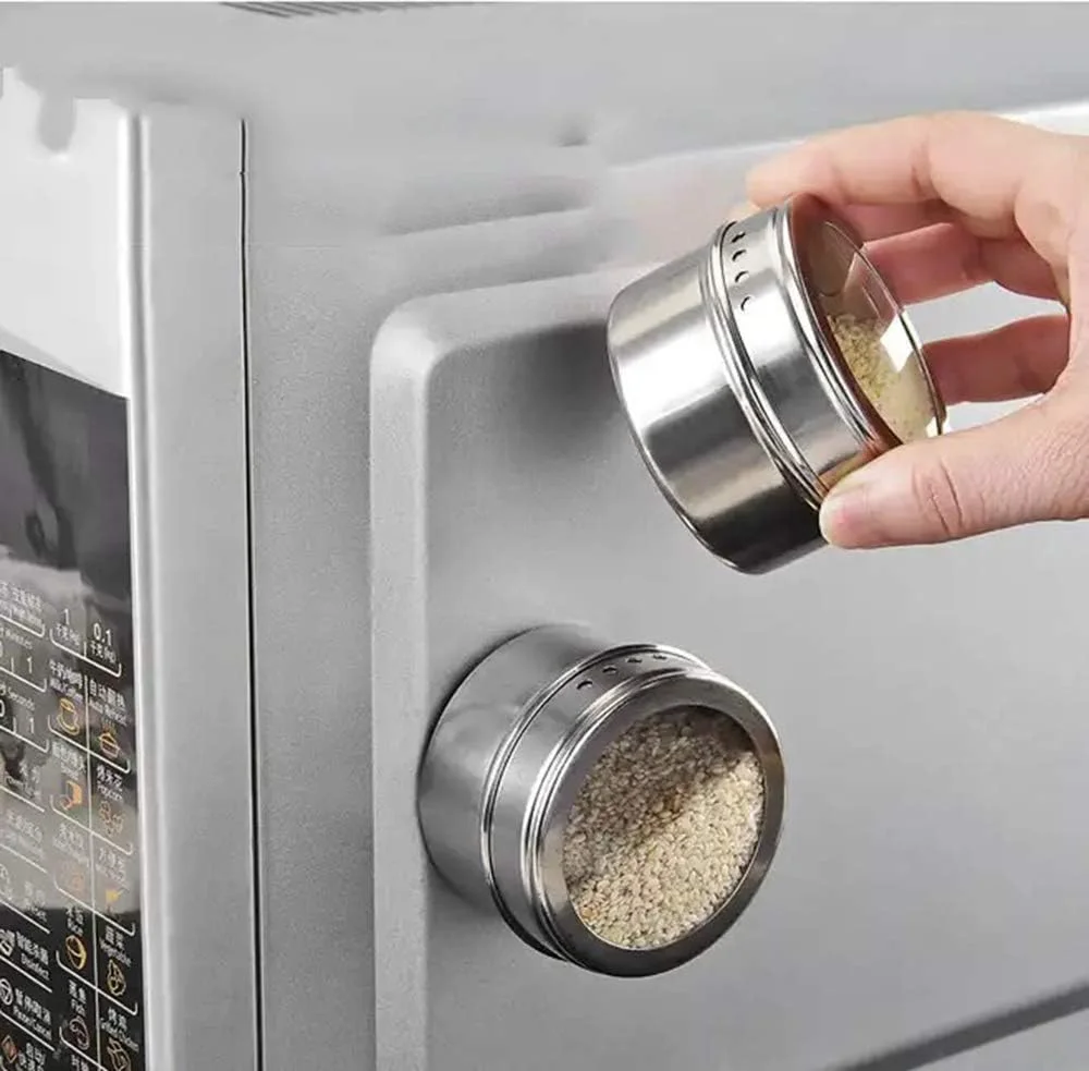 Lot de 12 pots à épices magnétiques en INOX avec couvercles et châssis