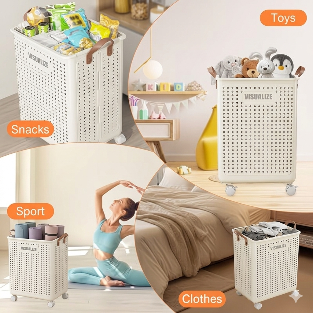 4en1 Panier à linge pliable 42L grand et robuste avec roulettes - Bac de rangement Multifonction