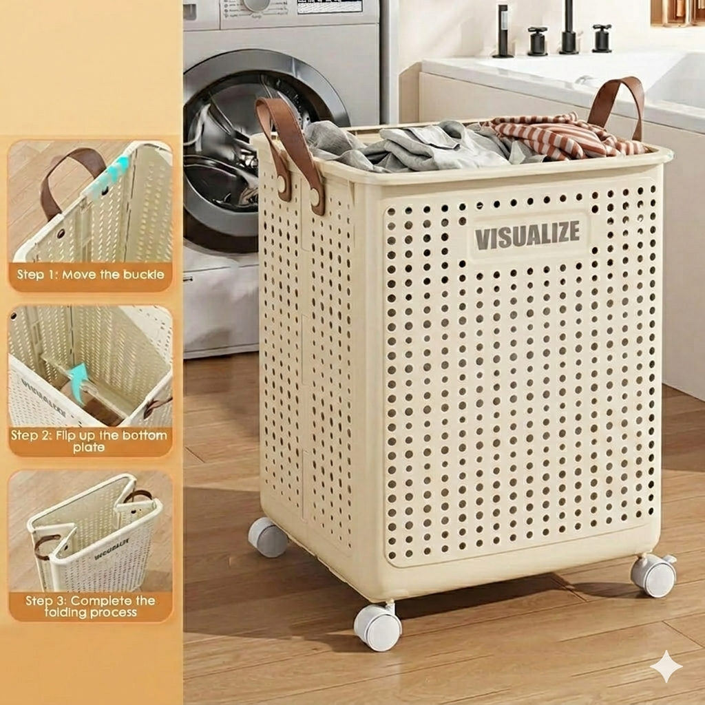4en1 Panier à linge pliable 42L grand et robuste avec roulettes - Bac de rangement Multifonction