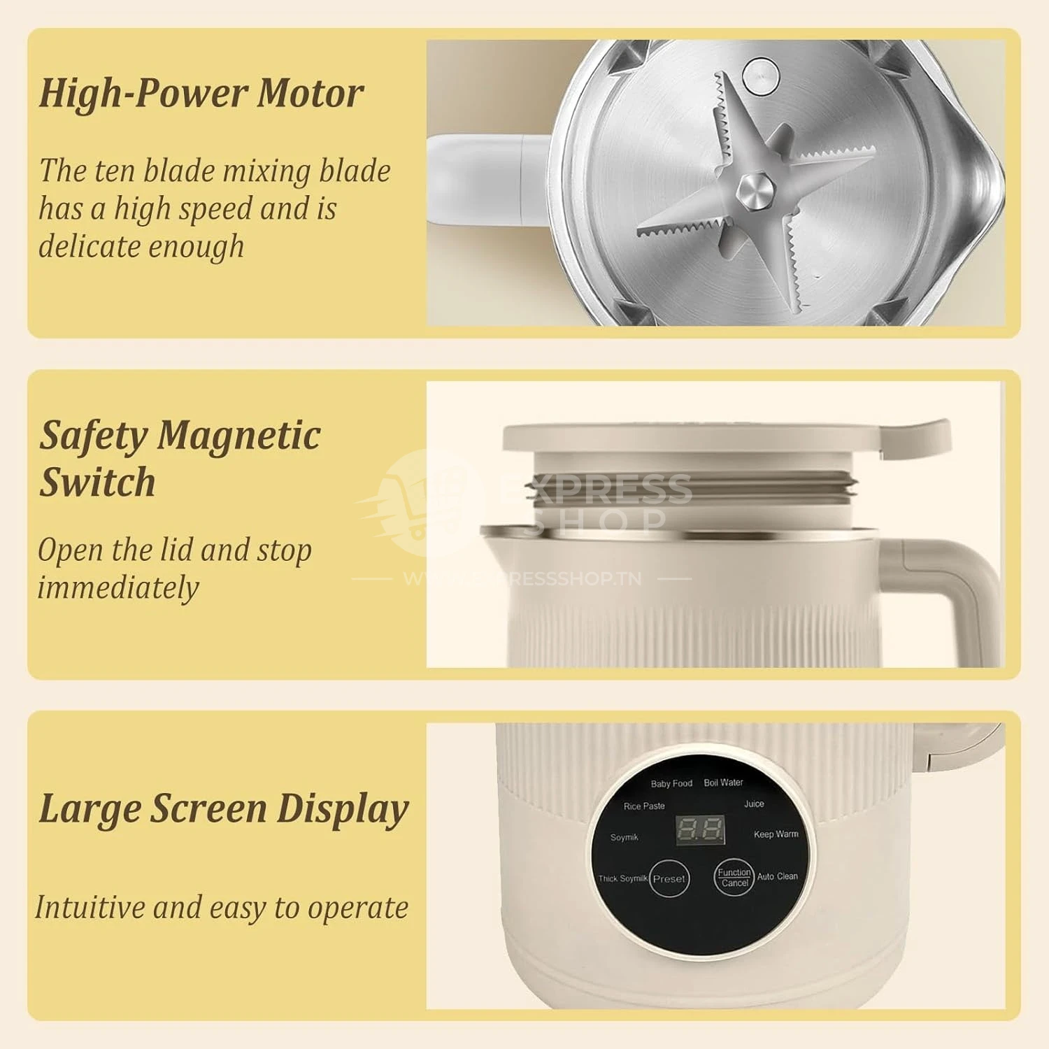 Blitz® - 8en1 Bouilloire Multifonction Jus et machine à Lait 1.2 L en Acier Inoxydable avec Interface Tactile