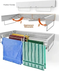 7en1 Etendoir à linge mural pliable et extensible en INOX compact pour appartement et balcon