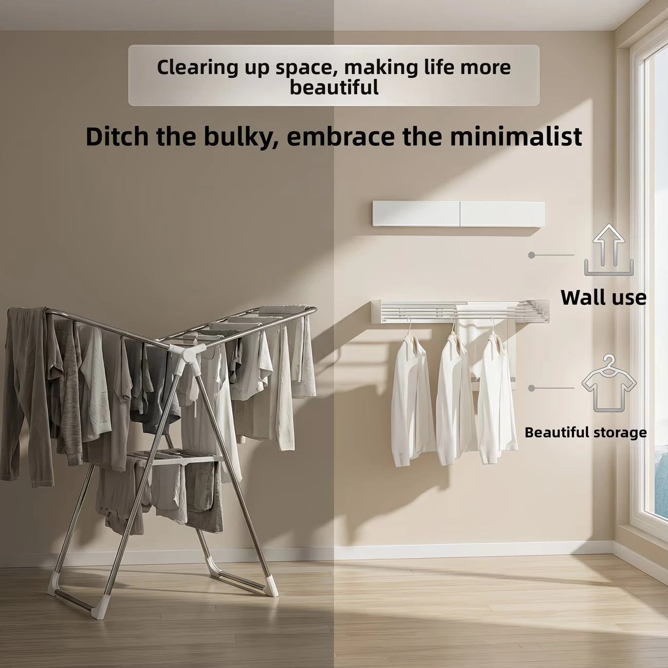 7en1 Etendoir à linge mural pliable et extensible en INOX compact pour appartement et balcon