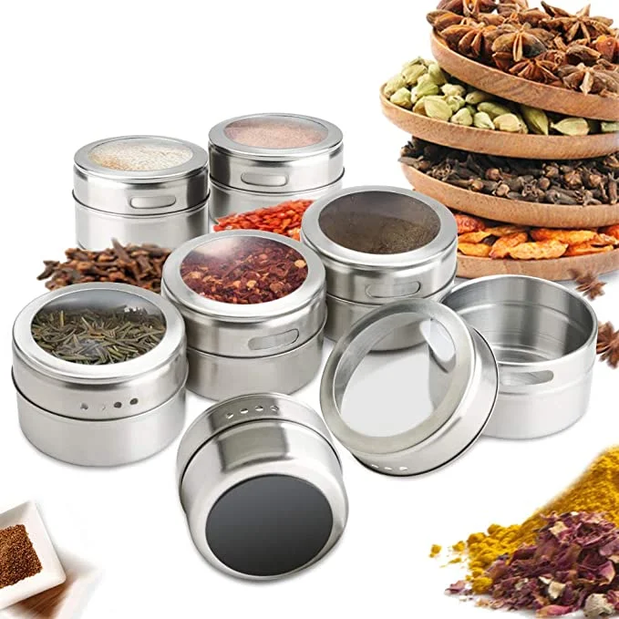 Lot de 12 pots à épices magnétiques en INOX avec couvercles et châssis