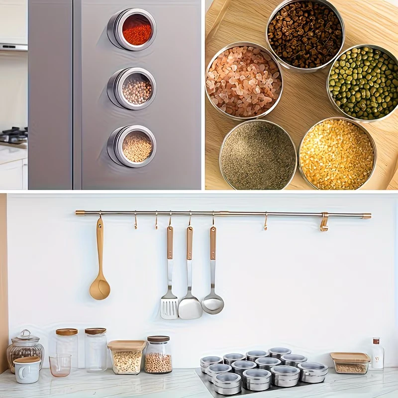 Lot de 12 pots à épices magnétiques en INOX avec couvercles et châssis