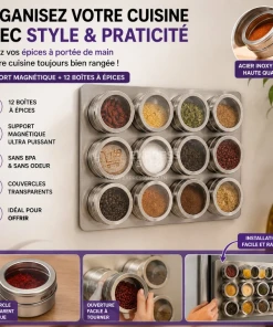 Lot de 12 pots à épices magnétiques en INOX avec couvercles et châssis