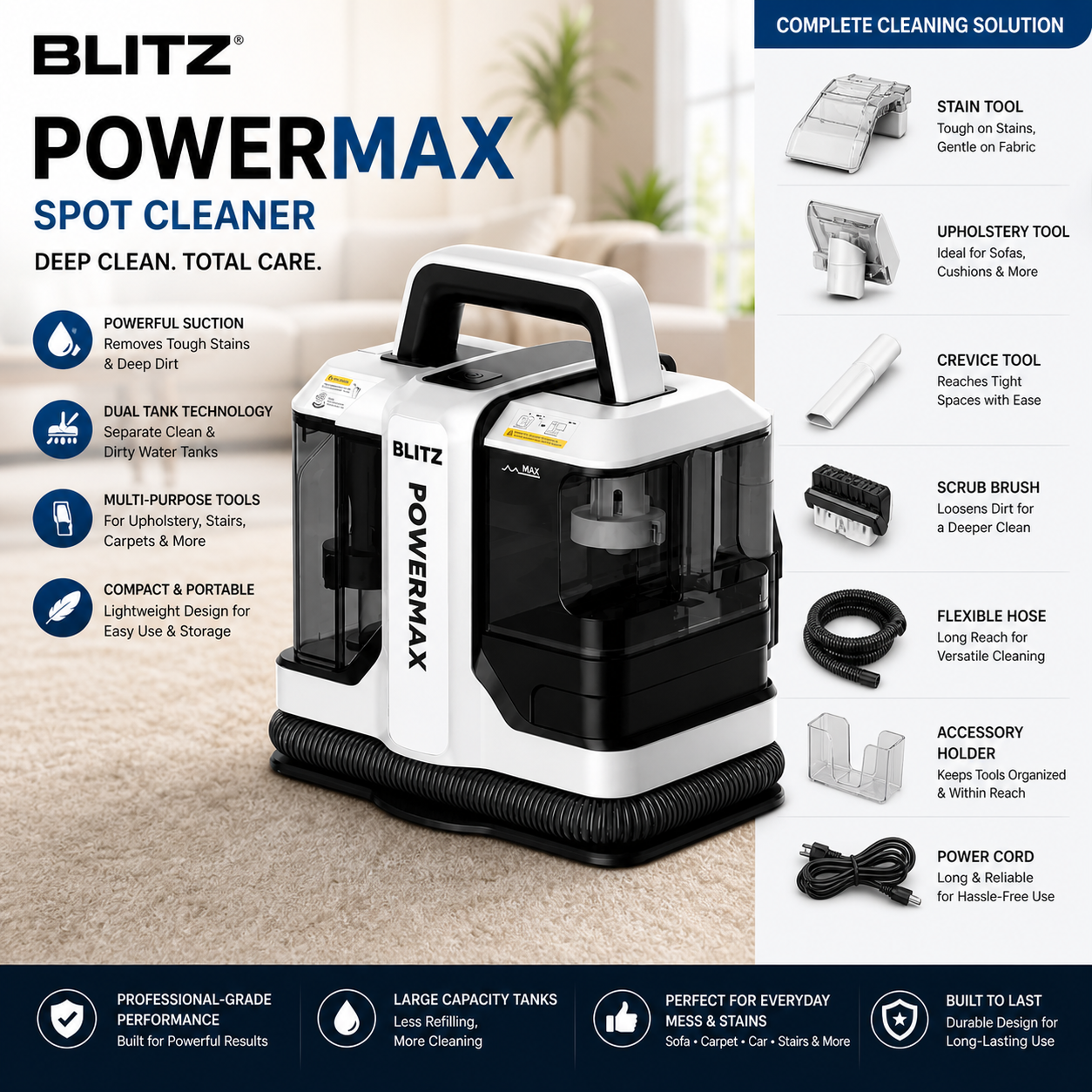 Blitz® - 5en1 Nettoyeur De Taches Portable Professionnel 750W Puissant, Silencieux Pour Canapés Tapis Et Voitures