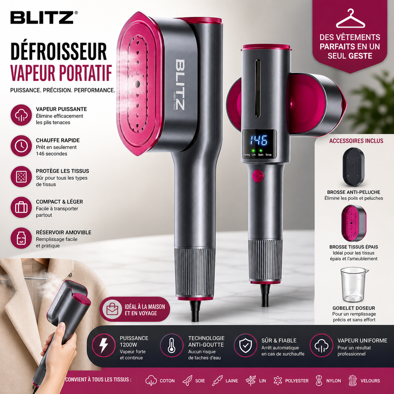 Blitz® - 5en1 Fer à Vapeur Portable 1200W – Mini Défroisseur Vertical Ultra Puissant