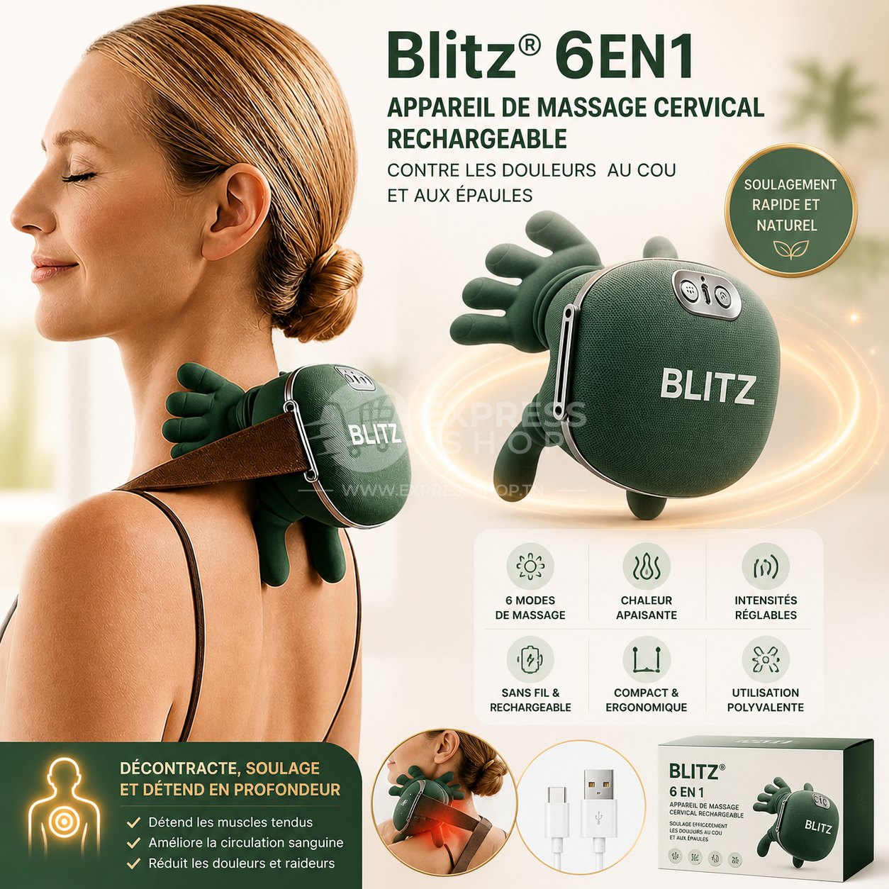 Blitz® 6en1 Appareil De Massage Cervical Rechargeable Contre Les Douleurs Au Cou Et Aux épaules
