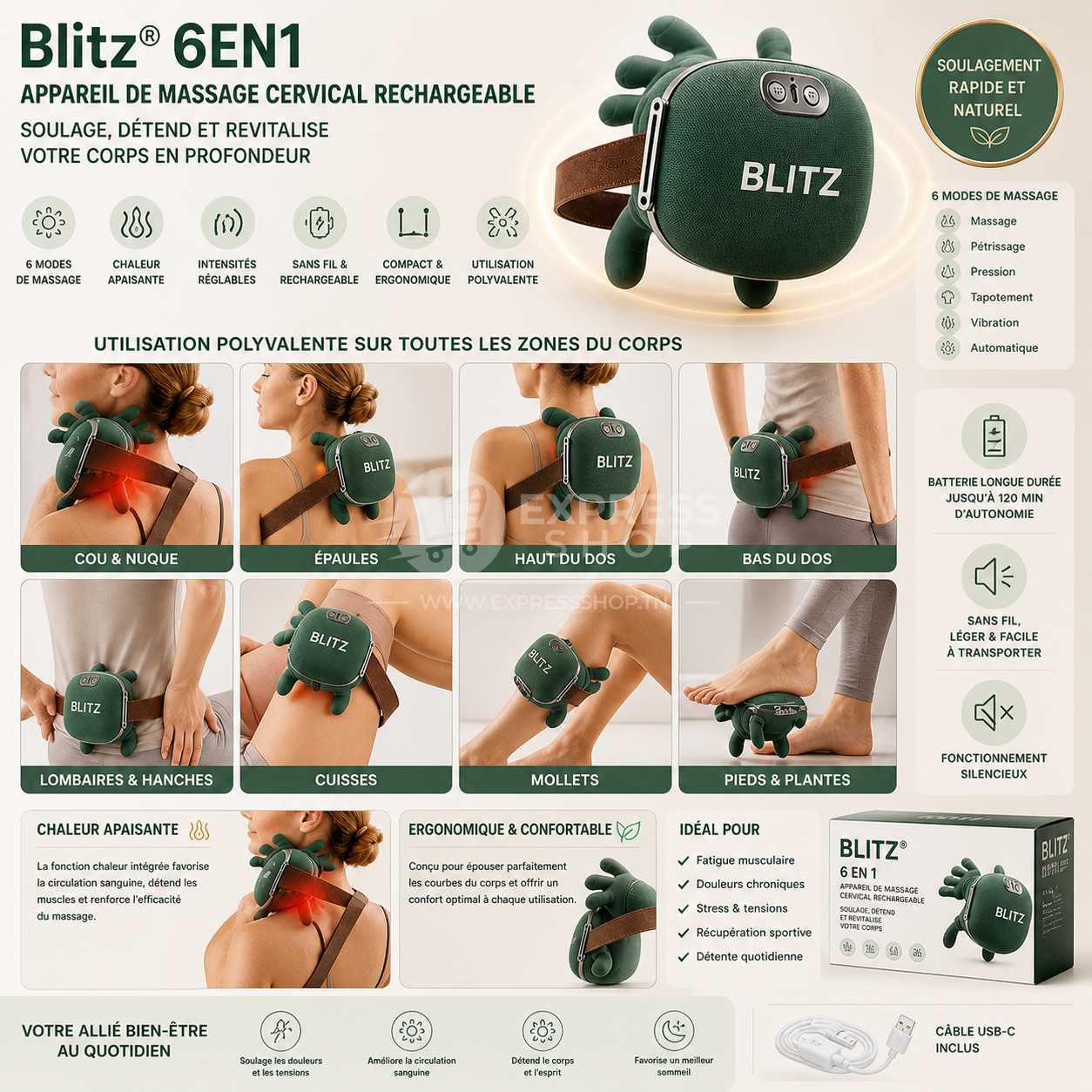Blitz® 6en1 Appareil De Massage Cervical Rechargeable Contre Les Douleurs Au Cou Et Aux épaules