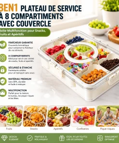 8en1 Plateau de Service à 8 Compartiments avec Couvercle – Boîte Multifonction pour Snacks, Fruits et Apéritifs